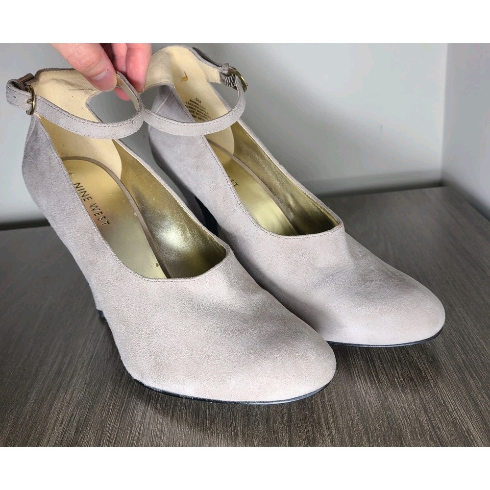 Nine West Gray Suede Ankle Strap Pumps Womens 9M Leather Upper Stiletto Heels